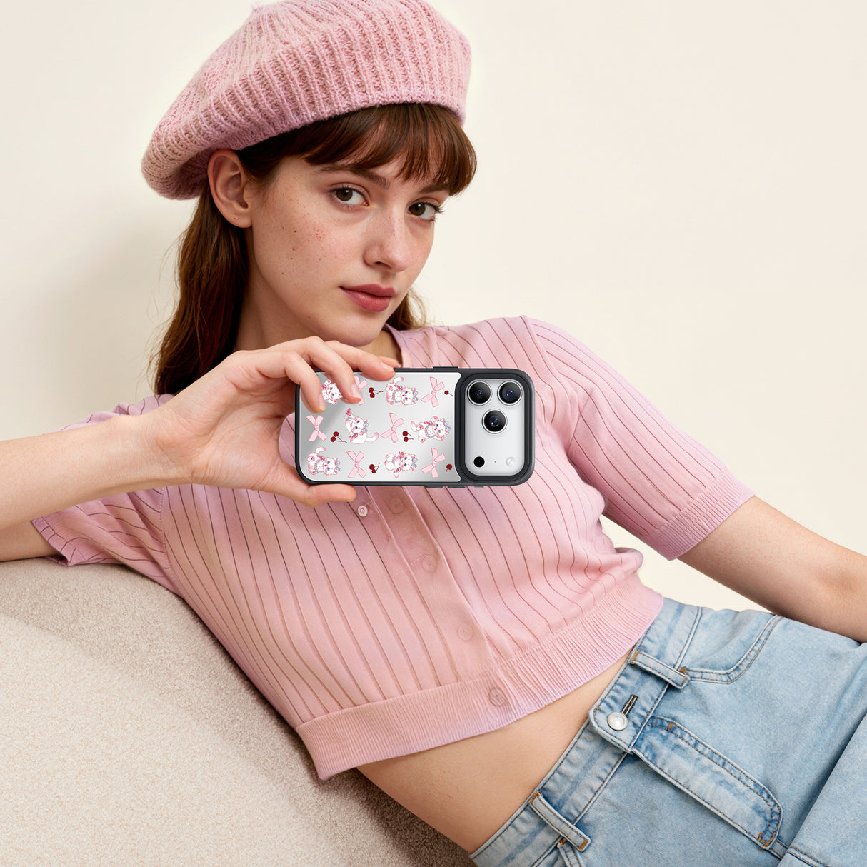 Nimaso Cute White Cat Mirror MagSafe Phone Case for iPhone 17 / 17 Pro / 17 Pro Max / Air